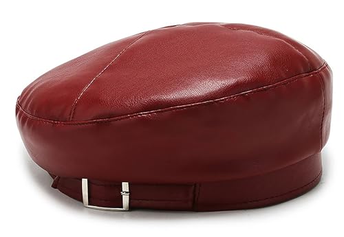 IHAUIUE PU Leather Berets Hats Solid Color French Hat Classic Slouchy Tam Caps for Women, Ladies, Girls, Wine Red 2