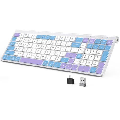 JOYACCESS Wireless Keyboard Ergonomic Dustproof Quiet & Slim 2.4G Type-C + USB Receiver 2-in-1 Wireless with Numeric Keypad Compatible with Windows/Mac/PC/Laptop-Purple Blue