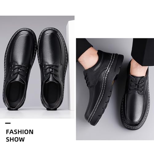 Men's Genuine Leather Platform Chunky Heel Oxfords Comfort Round Toe Lace Up Anti-Slip Lug Sole Business Formal Dress Shoes Classic Handmade Fur Lining Office Work Shoes4