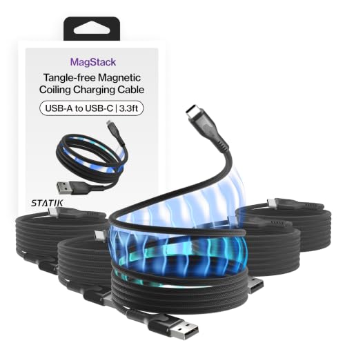 Image of Statik MagStack USB A to USB C Coiling Magnetic Charging Cable, 27W | Nylon Braided Tangle-Free Design, Magnetic Coiling, Data Transfer, Compatible with iPhone & Android, 3FT Black, 5 Pack