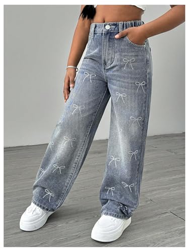 Verdusa Girl's Rhinestone Bow Jeans Vintage Straight Leg Denim Pants with Pockets3