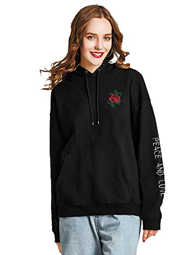Sunny Guo Rose Embroidered Hoodie Long Sleeve Letters Printed Hip Hop Hoodie Hooded Sweatshirt For Men Women (Black, S) #TOP5