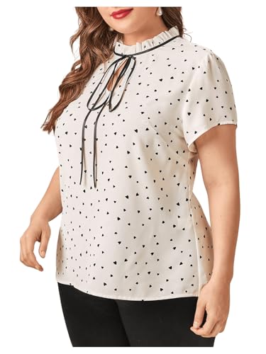 OYOANGLE Women's Plus Size Heart Print Tie Neck Short Sleeve Work Office Summer Blouse Tops4