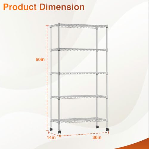 Image of BestOffice | 5-Tier Wire Shelf with Wheels | 14 inch x 30 inch x 60 inch | Chrome | Storage Shelves Metal Shelving with Adjustable Racks, Holds upto 750 lbs | Rust-Resistant No-Tool Assembly | for Home Garage