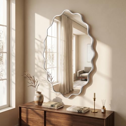 Image of Silver Oval Wall Mirror, 22 inch x 30 inch Wavy Bathroom Mirror for Wall with Brushed Alloy Steel Frame&Shatter-Proof Glass, Hanging Decorative Wall Mirrors for Bathroom Sink, Bedroom, Entryway