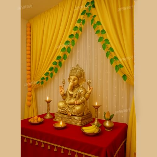 Image of Divyakosh Temple /Event Setup Items- Curtains, Cloth for Decoration Pooja with Light, Artfiicial Marigold Flowers | Decoration Setup for Haldi, Mandir, Mehendi | 11Pc Net Cloth (Yellow, White)