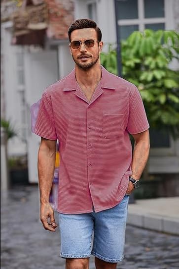 Image of Casual Waffle Knit Shirt for Men Stylish Half Sleeve Mens Shirts M to 3XL