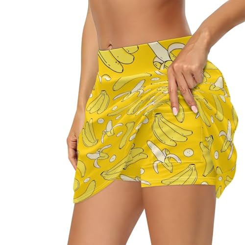 Image of Wideasale Tennis Skirts for Women 2 In1 High Waisted Athletic Golf Skorts Skirt with Pocket Running Workout Activewear XS-3XL, Yellow Banana, S