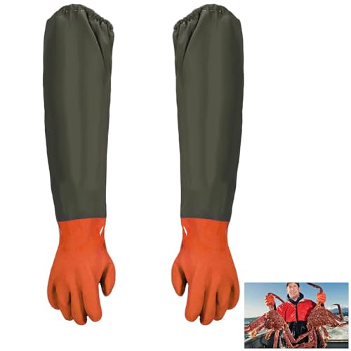 Guantes para Estanques, 1 Par de Guantes para Limpieza de Estanques, 70cm Guantes Largos de Goma, Guantes Largos de Trabajo Impermeables con Chorro de Arena de PU, Naranja