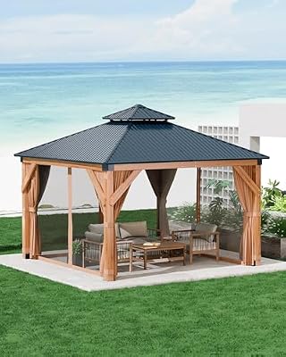 10x10 ft Wood Gazebo, Upgrade Spruce Frame and Double Galvanized Steel Roof, Hardtop Gazebo