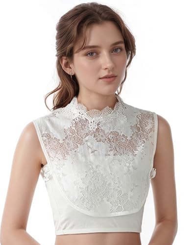Eyibenlilan Womens Detachable Lace Dickey Collar Shirt Elegant Faux Collar with Floral Lace Trim (White)