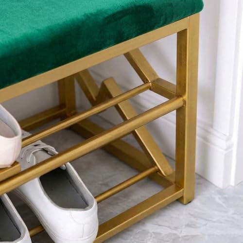 Image of Entryway Shoe Rack with Cushioned Seat, Shoe Bench for Entry, 2 Shelves Storage Bed Bench