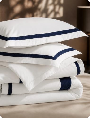 Bedsure PureWoven 100% Cotton Percale Duvet Cover Queen, Navy Blue Frame