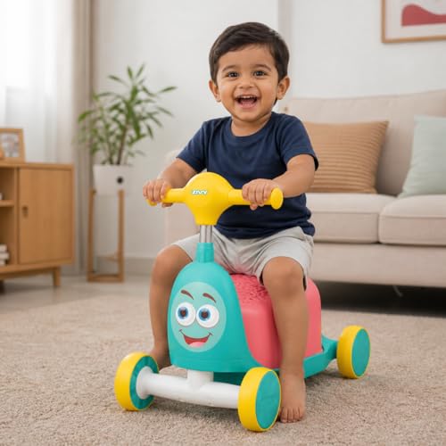Image of ZIVY Orry Rider 2in1 Kids Scooter & Ride-On Toy Car | Convertible Stand & Drive Scooter | Extra-Wide Comfort Seat, Stainless Steel Stem, Easy Steering & Smooth Wheels for Indoor /Outdoor (Cyan)