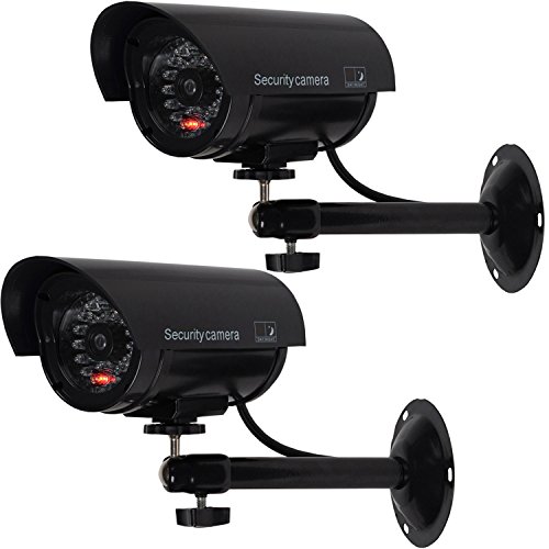 WALI Bullet Dummy Fake Surveillance Security CCTV Dome Camera Indoor Outdoor with one LED Light + Warning Security Alert Sticker Decals WL-TC-B2, 2 Pack