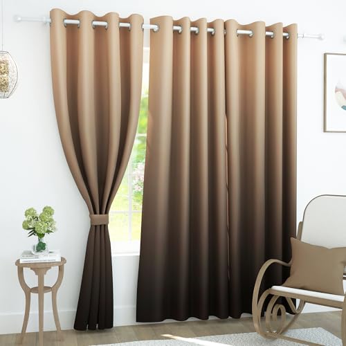 Image of Story@Home 100% True Blackout Window Curtains 5 Feet Long Set of 1 | Room Darkening Curtain | Gradient Printed | Ombre Curtains for Living Room | (116 x 152 cm, Beige & Brown)