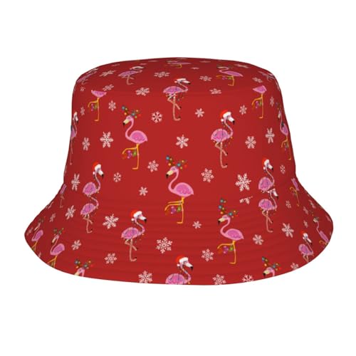Merry Christmas Flamingo Snowflakes Red Bucket Hats Fashion Sun Cap Packable Outdoor Fisherman Hat for Women and Men