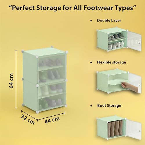 Image of ALOXE DIY Foldable Shoe Rack | 4 Layer Plastic Shoes Rack with Door Cover | Multipurpose Stand for Home & Entryway (Green)