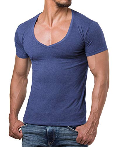 Re Rock Young & Rich - Camiseta para hombre, en 12 colores, con cuello de pico, corte ajustado y monocolor - tallas de la S hasta 3XL Color azul. L