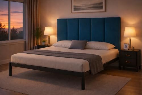 Image of Modern Velvet Upholstered Metal Bed Frame Queen Size - Durable Teal Headboard, Contemporary Bedroom Furniture