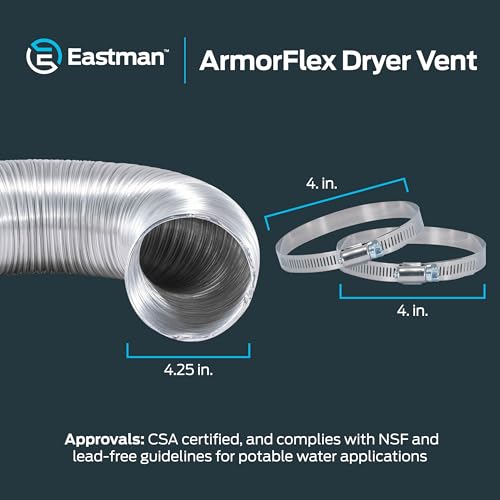 Eastman ArmorFlex Super Dryer Duct, 8 Foot by 4 Inch Flexible Aluminum Duct with Clamps, 69028