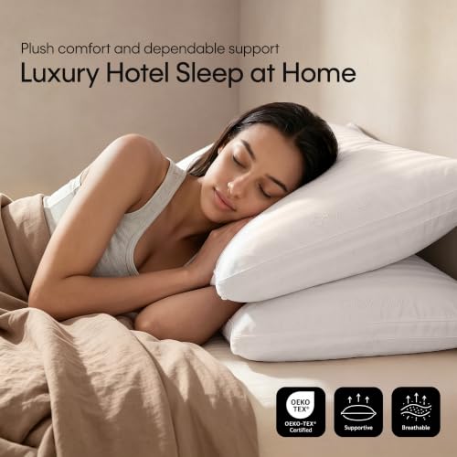 Calvin Klein Hotel Collection Bed Pillows Queen Size Set of 2, Medium Firm | 400 Thread Count Damask Stripe 100% Cotton Cover, Down Alternative Gusseted Pillow for Back, Side & Stomach Sleepers, White - image 3