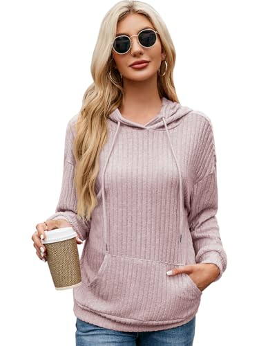 EDOTON Sudadera Fina Mujer Manga Larga Rayas Verticales Bolsillos Delanteros Cordón Ajustable Casual (Rosa, L)