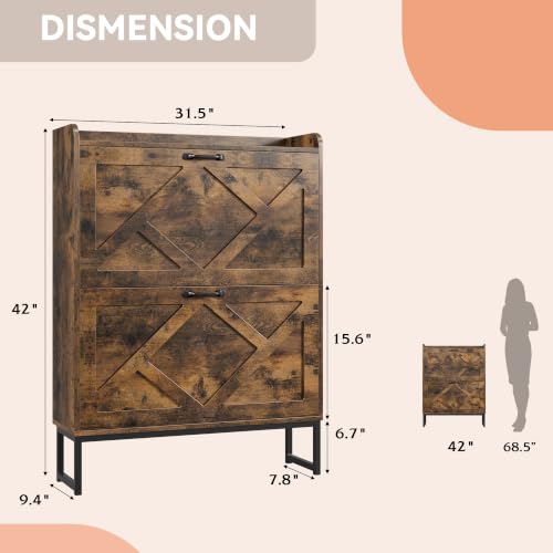 Image of Nicetree Shoe Storage Cabinet with 2 Flip Drawers, Freestanding Wood Shoe Organizer with Metal Legs, Farmhouse Slim Shoe Rack for Entryway, Foyer, Hallway, Rustic Brown