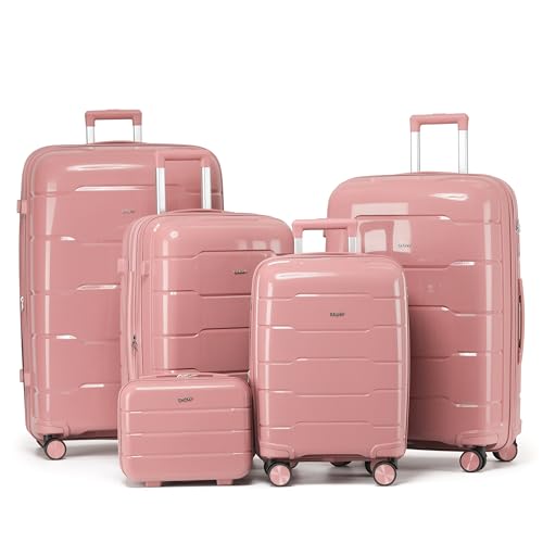 CRUW 5-Piece Luggage Set Expandable Polypropylene Suitcase Set TSA Locks 8 Silent Spinner Wheels Lightweight Nested Suitcases Travel Set easyJet British Airways Jet2 Airline-Approved Carry-On Pink