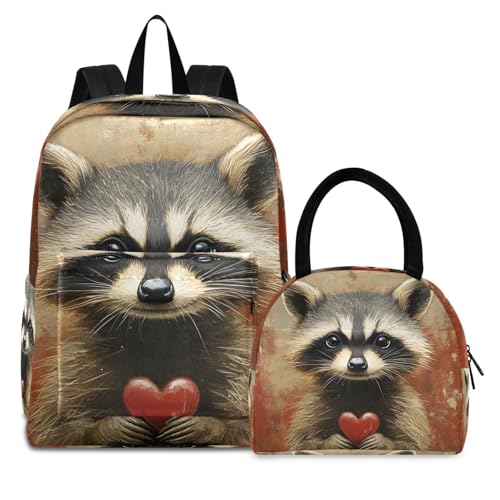 Backpack Lunch Bag Set Valentines Raccoon Print, Big Storage Travel Backpacks with Insulated Lunch Box for Office Hiking Picnic