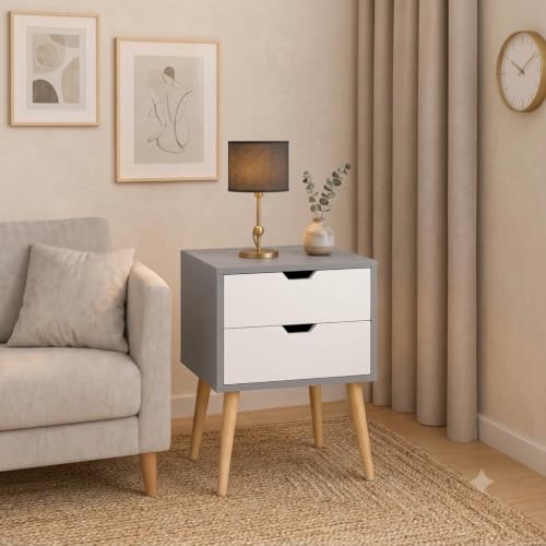 Image of Brown Art SHOPPEE 2-Drawer End Side Table with Drawer and Solid Wood Legs, Bedside Table for Bedrooms, Mid-Century Modern Drawer Storage Cabinet for Bedroom & Furniture (Grey & White)