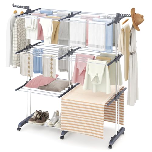 YORKING 4 Tier Clothes Drying Rack, Indoor Folding Clothes Airer Large Drying Space Laundry Rack Hanger With Casters, Tall Clothes Dryer Folds Flat For Easy Storage (extend)