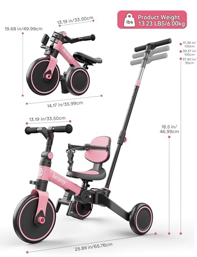 besrey 4 in 1 Toddler Bike, Toddler Tricycle for 1-3 Year Old, Trike with Push Handle, Backrest and Safety Belt, Birthday Gifts and Toys for Boys and Girls, Balance Bike - image 9