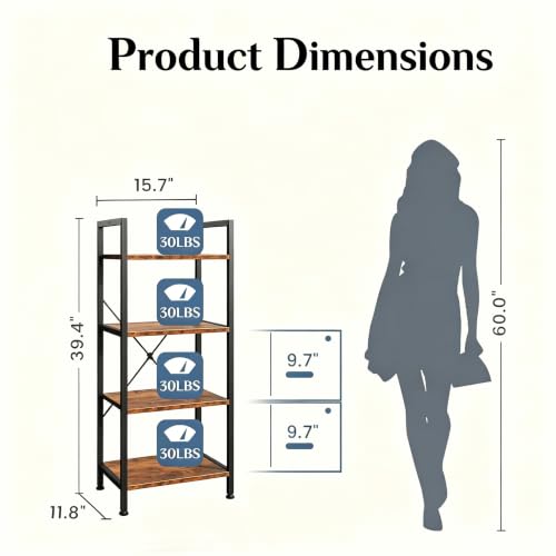 Image of HealSmart 4 Tier Bookshelf, Free Standing Book Shelf Home Office Bookcase Shelf Storage Organizer for Bedroom, Bathroom, Living Room, Office, Balcony, Rust Brown