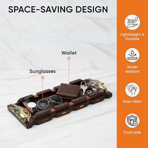 Image of AAKRITI ART CREATIONS Handcrafted Tray with Warli Design & Fish Handles | Madhubani Art | Brown Wooden Tray | Matte Finish Serving Tray | Tray for Dining Table & Kitchen