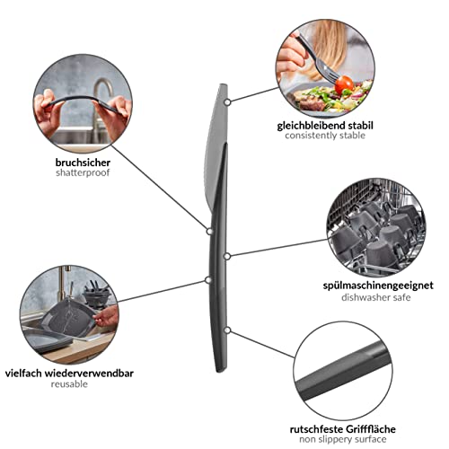 Grizzly Besteckset aus Kunststoff I 30er Set Mehrweg Messer I Stabil, Spülmaschinenfest I 100% Recyclebar I Wiederverwendbares Anthrazit Besteck