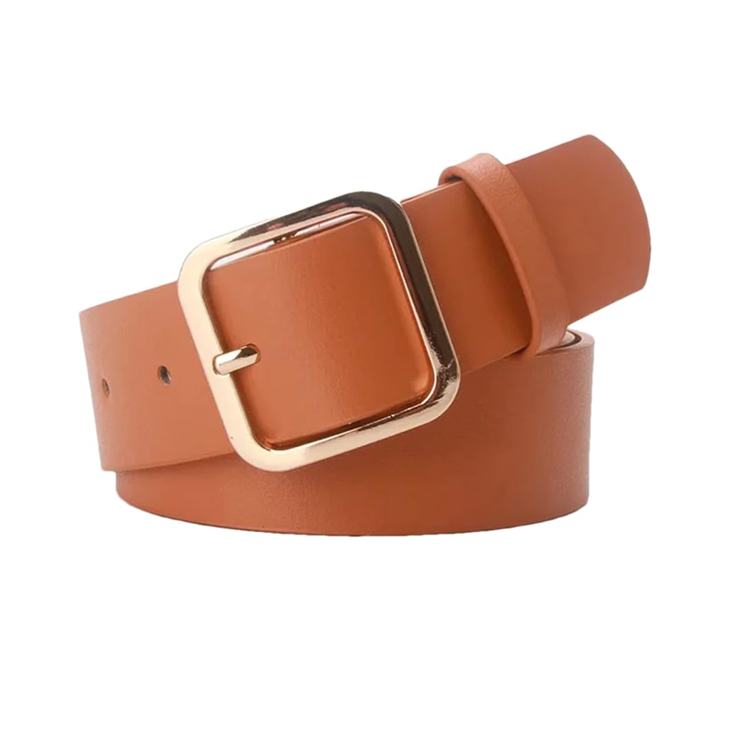 Women’S Vintage Pin Buckle Fashion Belt Solid Color PU Leather 3.2Cm Wide Ladies Waist Belt