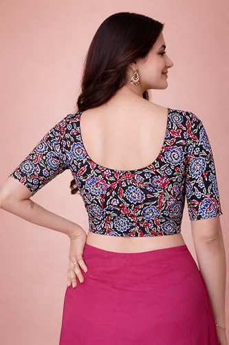Image of Amazon Brand - Anarva Women's Kalamkari Print Cotton Stretchable Round Neck Readymade Saree Blouse