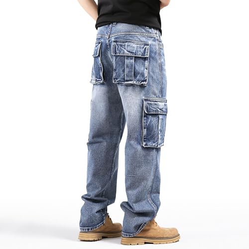 Baggy Jeans Cargo Denim Pants for Men Loose Fit Stretch Wide Leg Casual Fashion(Taller Long Version)4