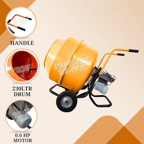 SWADESI KRAFTS Concrete Mixer Machine 0.6hp Copper Motor with Gear Box | 1/3 Bag Electric Concrete Mixture Machine 230LTR | Makes 65kg (6-7Pans) material at once