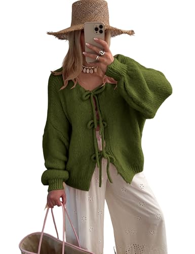 Image of SKIKYAN Women Bowtie Oversized Knit Sweater Cardigan Y2K Long Sleeve V Neck Open Front Casual Knitwears