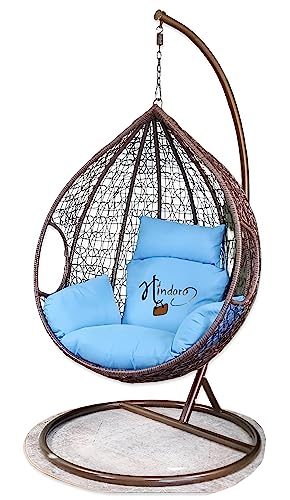 Image of Hindoro Rattan Wicker Wrought Iron Single Seater Swing Chair with Stand & Cushion & Hook Outdoor || Indoor || Balcony || Garden || Patio || Living Outdoor Furniture (Dark Brown with Blue, Egg Shape)