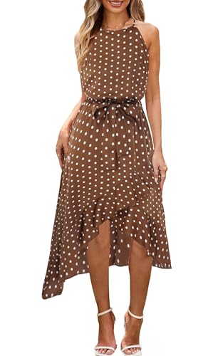 ECOWISH Polka Dot Women Summer Dress Midi A Line Ruffle High Low Sleeveless Boho Floral Halterneck Cocktail Tie Knot Sundress Coffee Medium