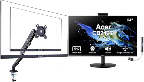 Image of Acer 24 inch FHD IPS Conferencing Monitor with Anti-Glare | Speakers, Webcam, Adjustable Height /Swivel /Tilt, VESA Mount, HDMI, VGA & DKZ USB Port Expander ErgoFlexy Single Mount Arm