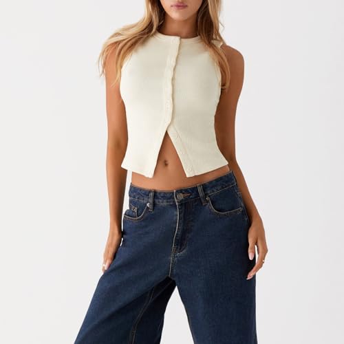 Luckinbaby Women Y2k Knitted Button Down Tank Top Summer Ribbed Sleeveless Vest Tops Sleeveless Slim Fit Cropped Shirts3