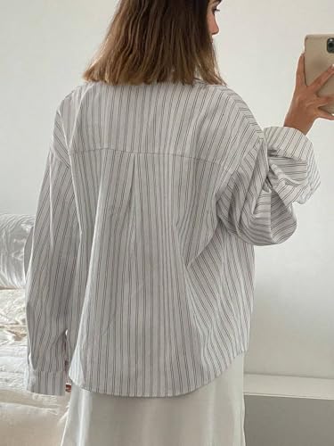 Image of GRECIILOOKS Striped Shirt for Women | Korean Style Full Sleeve Oversized Button Down Shirts | Tops for Women | Shirt for Woman | Plus Size Top for Office & Casual Outfit
