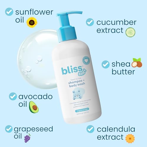 Image of Bliss Baby Shampoo and Body Wash, Premium 2-in-1 For Babies, Toddlers & Kids, Unscented & Hypoallergenic - Gentle Baby Soap - Vegan, Hydrating For Sensitive Skin - Avocado, Shea Butter & Calendula