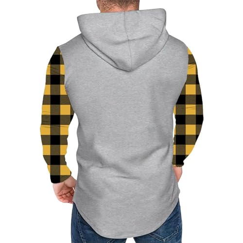 Mens Henley Hoodie Pullover Vintage Button Up Plaid Sleeve Drawstring Hooded Sweatshirts with Pocket Patchwork Hoody3