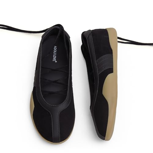Adolilove Womens Sneaker Flats Comfortable Business Casual Lace Up Mary Jane Style Tennis Shoes with Ballet Inspired Design Lightweight Retro Fashion Walking Shoes Black 7.5