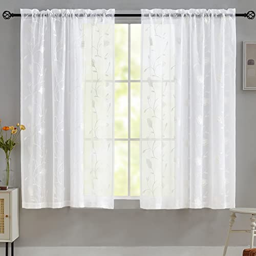 Image of White Sheer Curtains Embroidery 72 Inch Length Rod Pocket Voile Drapes for Living room, Bedroom, Outdoor, Nursery Curtain Semi Flower Curtain Panels for Baby, Womaen, Garden, Lawn, Set of 2, 52 inchx 72 inch.